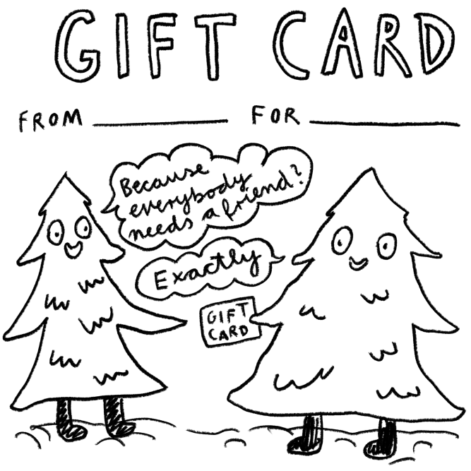 Cartoon-style gift card with two trees and text about a landscape painting class.