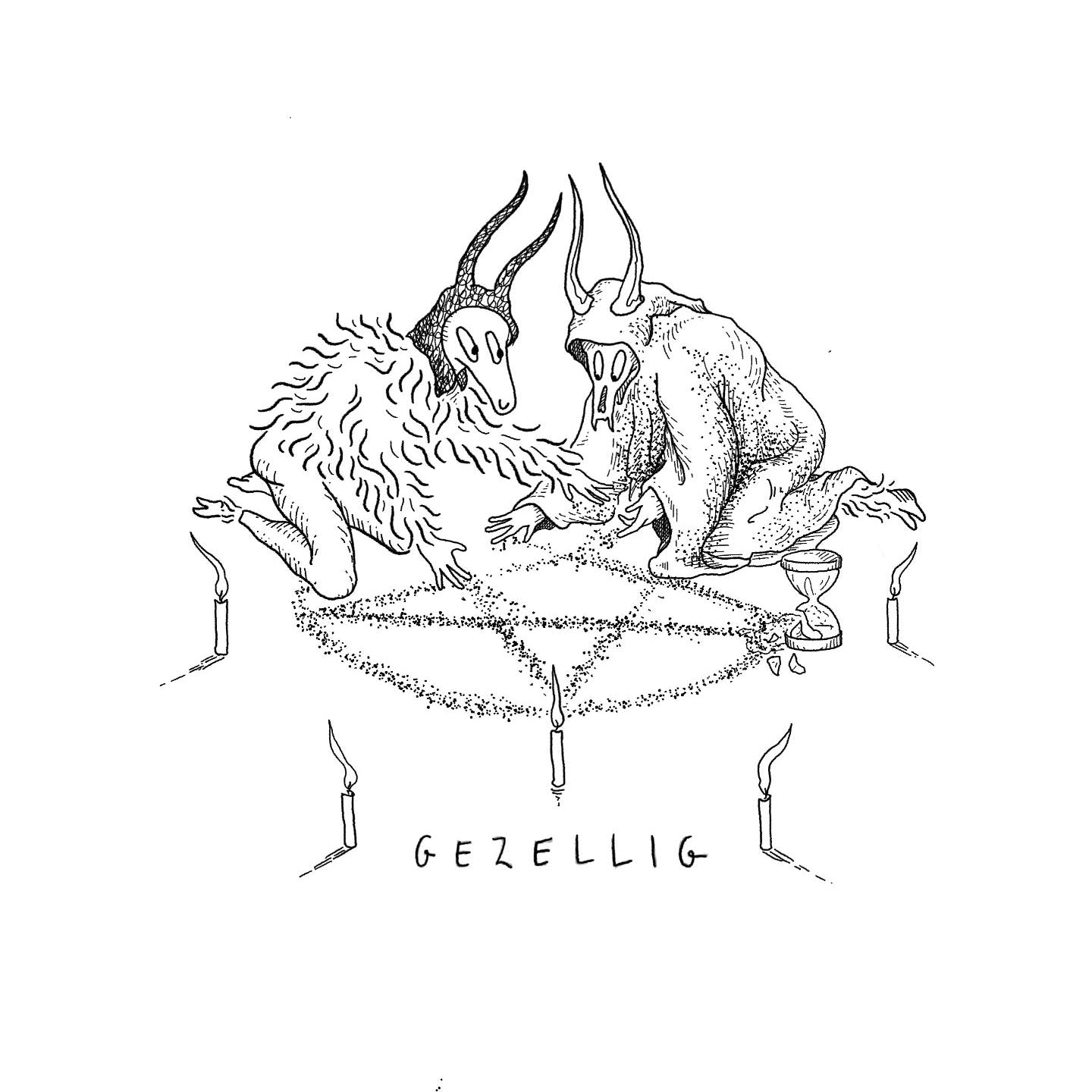 Black and white illustration of a creature with horns sitting on a throne, labeled 'GEZELLIG'.